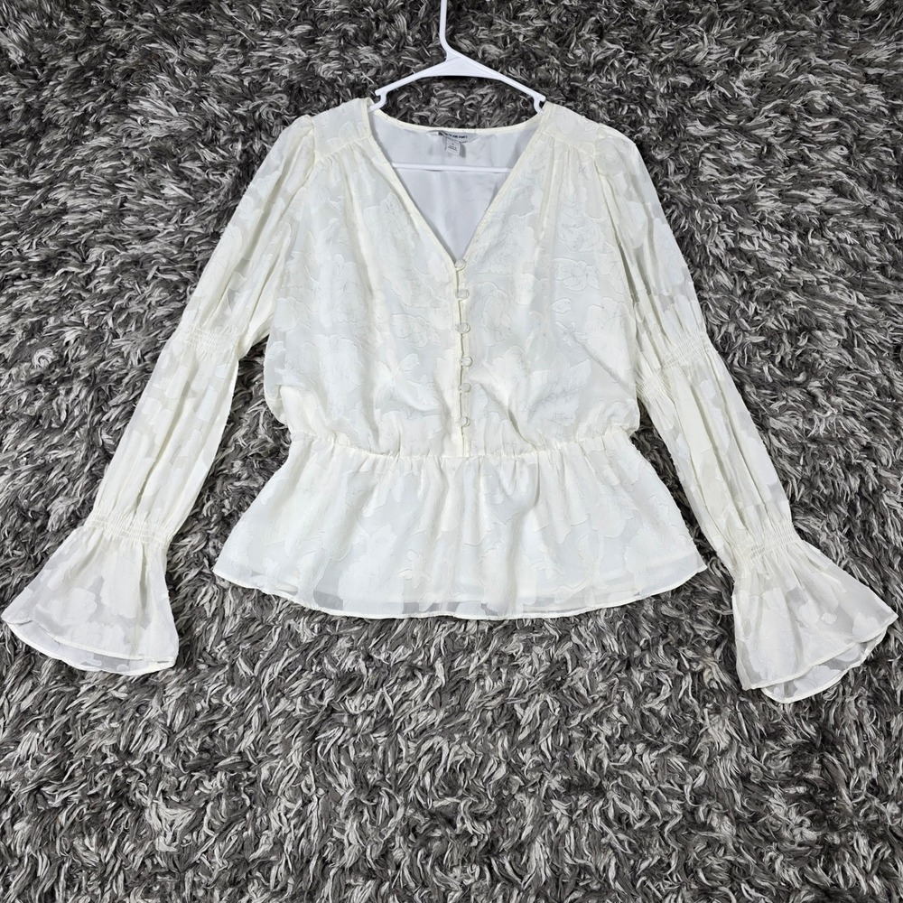 Elizabeth and James Ivory Floral Burnout Peplum Blouse Smocked Bell Sleeve Small